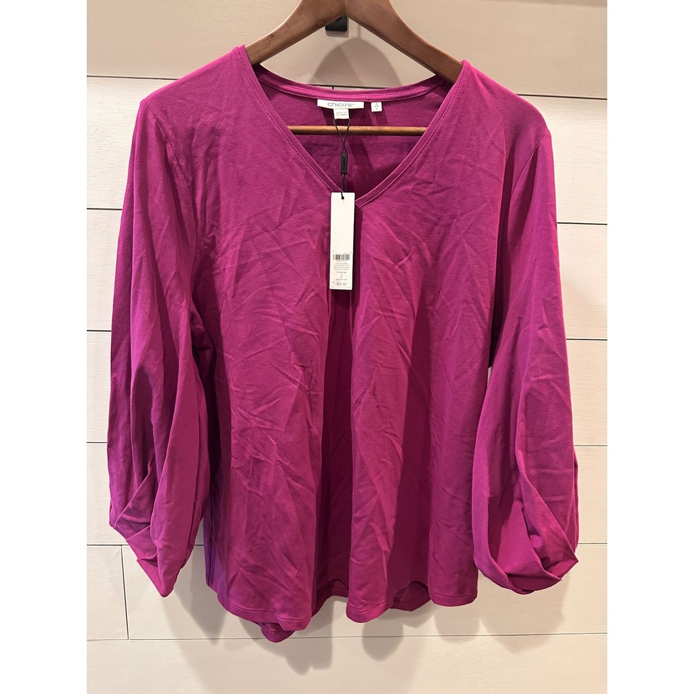 Chicos Cotton Span Tuck Sleeve Top Purple Clover V-Neck 3/4 Sleeve Size 2 L NEW